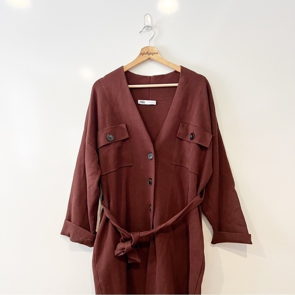 Zara Brown Knit Trench Coat with Belt - Picture 5 of 16
